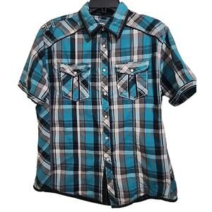 Rustic Blue Shirt Mens Short Sleeve Button Up Blue Black Gray Plaid Size Medium